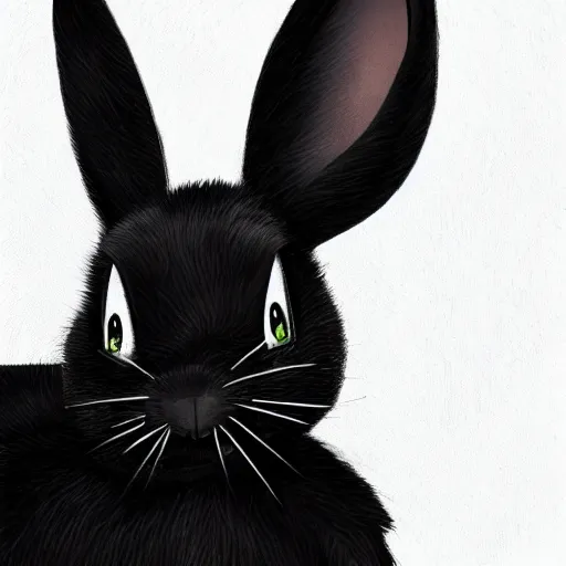 Image similar to A extremely highly detailed majestic hi-res beautiful, highly detailed head and shoulders portrait of a scary terrifying, horrifying, creepy black cartoon rabbit with scary big eyes, earing a shirt laughing, hey buddy, let's be friends, in the style of Walt Disney