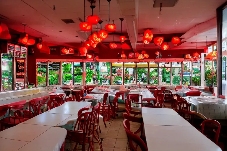 Prompt: 1 9 9 2 watermelon new jersey diner, tables repeat endlessly into the horizon, fruitcore, one point perspective, americana, restaurant interior photography, 5 5 mm