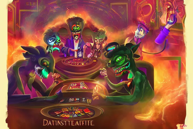 Prompt: interdimensional demons gambling over the wages of human souls in an afterlife casino, digital artwork, trending on artstation