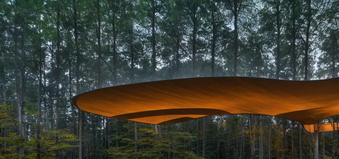 Prompt: curved roof planes lift and descend creating shade and architectural expression, highly detailed, situated in the forest, next to a highly reflective lake, at dusk, vivid color, high resolution photography, mist, luxury