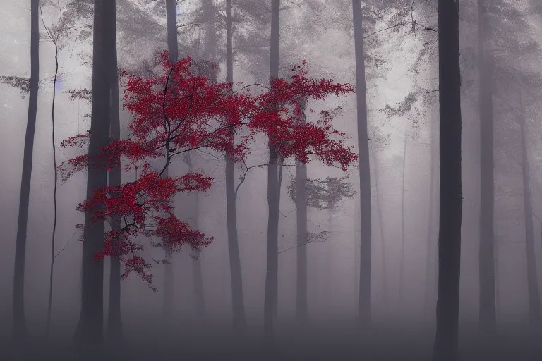 Prompt: deep dark moody forest, red fog on the ground, bleak. big stones, dark mood. mysterious. doom. realistic painting. photobashing, matte painting, highly detailed, autumn, cinematic, hyperralistic, artstation, art brut, outsider art, symbolist, dramatic lighting, god rays, clean crisp graphics, smooth sharp focus, extremely detailed