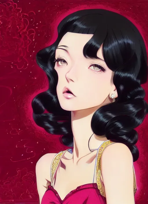 Prompt: a beautiful girl with black hair in 1970's fashion, ballroom background, intricate, highly detailed, digital painting, artstation, official media, anime key visual, concept art, rich vivid colors, ambient lighting, sharp focus, illustration, art by Artgerm, Makoto Shinkai, Ilya Kuvshinov, Lois Van Baarle, and Rossdraws