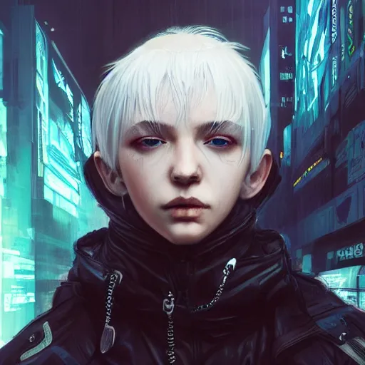 Image similar to very cool girl white hair girl with mask, streetwear, techwear, cyberpunk style outfit, full body, nose piercing, detailed portrait, intricate complexity, by greg rutkowski, cushart krentz, artgerm, ross tran, conrad roset, takato yomamoto, ilya kuvshinov. 4 k, beautiful, cinematic dramatic atmosphere