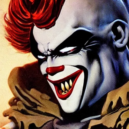 Image similar to frank frazetta the batman as pennywise, full body, 8 k, realistic, photo real, smooth, sharp, intricate detail, hyper detail, dramatic lighting, dramatic shading