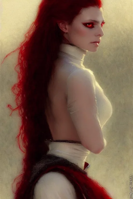 Prompt: beautiful vampire with red eyes and long red hair in a white woolen turtleneck dress portrait dnd, painting by gaston bussiere, craig mullins, greg rutkowski, yoji shinkawa