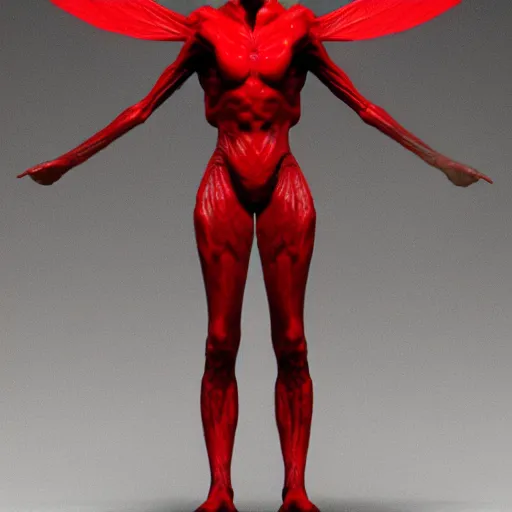 Prompt: insect alien humanoid made of white chitin and red muscle, tall, thin, elegant, winged cape, ascended, godlike, benevolent, hive mind, beautiful, haunting, sci - fi, trending on artstation, unreal engine, hyper realistic