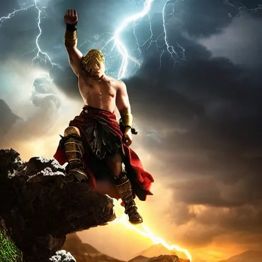 Prompt: a very weak nerd person destroys a God, godrays, epic fights, dramatic poses and scenery, thunderstorm, rtx on, cinematic, movies you do not want to miss, a powerful being losing to a weakling, amazing effects, 4k UHD, Award winning photograph, extremely highly detailed majestic hi-res beautiful