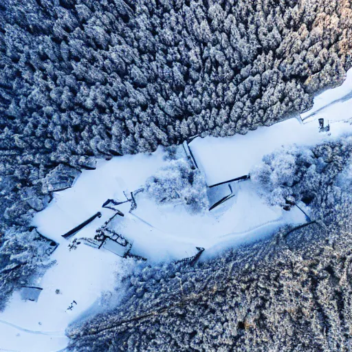 Image similar to sattelite image of post pocaliptic snow from 250 meters height, only snow, old lumber mill remains, few boozes with wood and supply, beautiful winter area