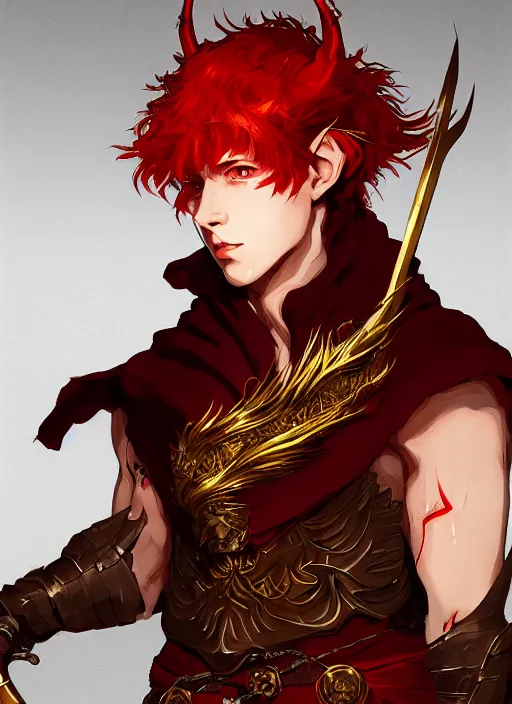 Prompt: Half body portrait of a handsome red haired elven monk prince with dragon eyes, staff and red and golden robe. In style of Yoji Shinkawa and Hyung-tae Kim, trending on ArtStation, dark fantasy, great composition, concept art, highly detailed.