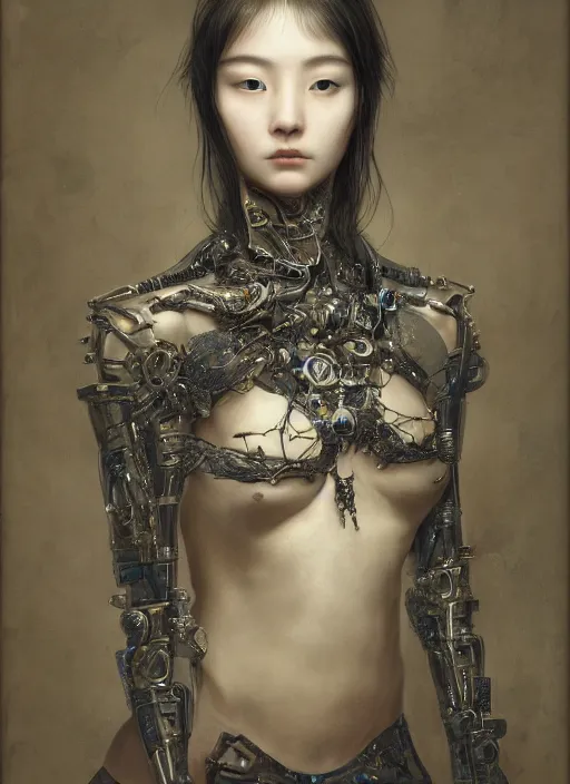 Prompt: portrait of a sensual cybernetic korean goth girl, inagi, modern fine art, fractal, intricate ornaments, elegant, highly detailed, digital photography, subsurface scattering, by jheronimus bosch and greg rutkowski,