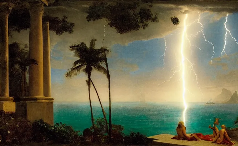 Image similar to mediterranean balustrade and columns, refracted lightnings on the ocean, thunderstorm, greek pool, beach and Tropical vegetation on the background major arcana sky and occult symbols, by paul delaroche, hyperrealistic 4k uhd, award-winning, very detailed paradise