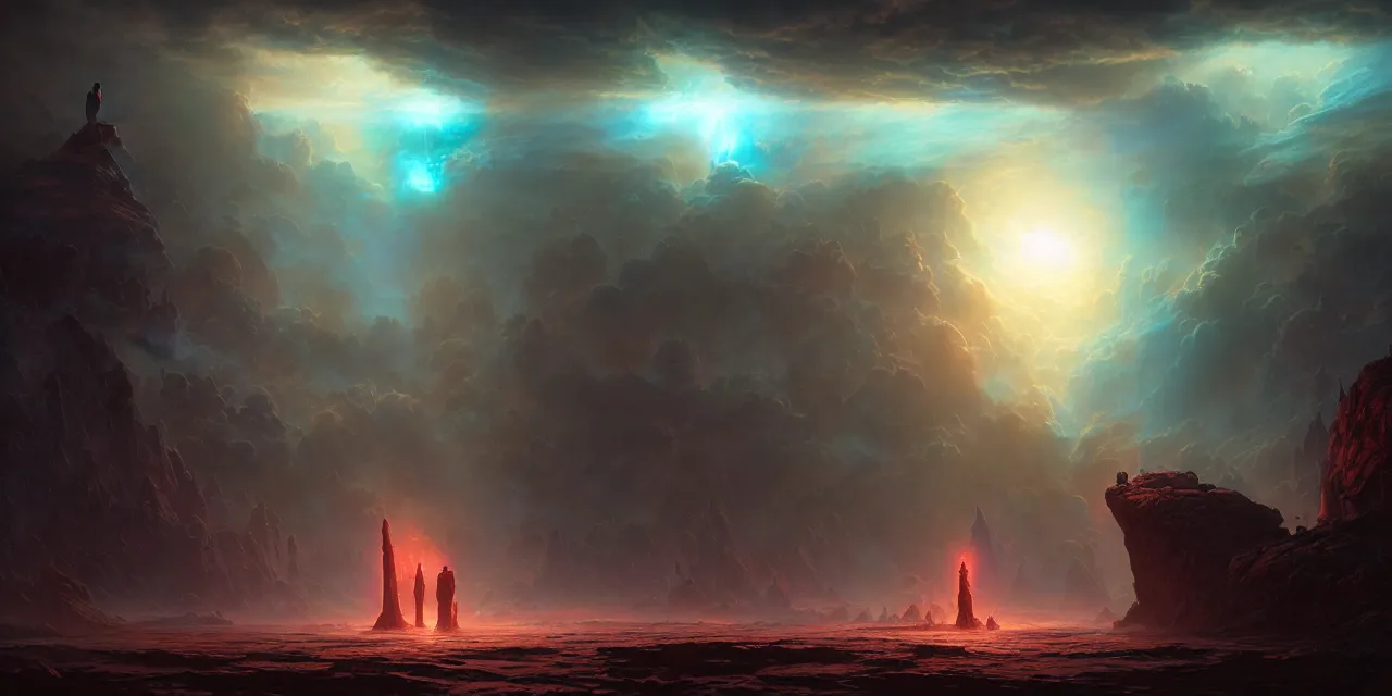 Image similar to the end of eternity, atmospheric lighting, intricate, volumetric lighting, beautiful, sharp focus, ultra detailed, in the art style of marc simonetti, bowater charlie and brom gerald, astrophotography