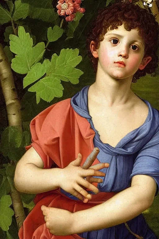 Image similar to renaissance painting of young boy in the garden, closeup, short hair, interest face, emotions closeup, dressed in roman armour, the beautiful garden with birch leaves everywhere, ultra detailed, art by Guido Reni style, Vincenzo Catena style