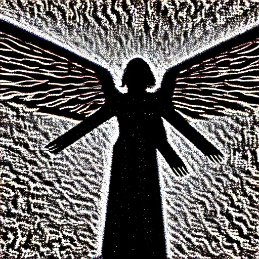 Image similar to vhs static overlay of angel apparition, money falling like confetti, vhs, 1 9 9 0, highly realistic, highly detailed, vhs noise static, black and white, vhs glitch