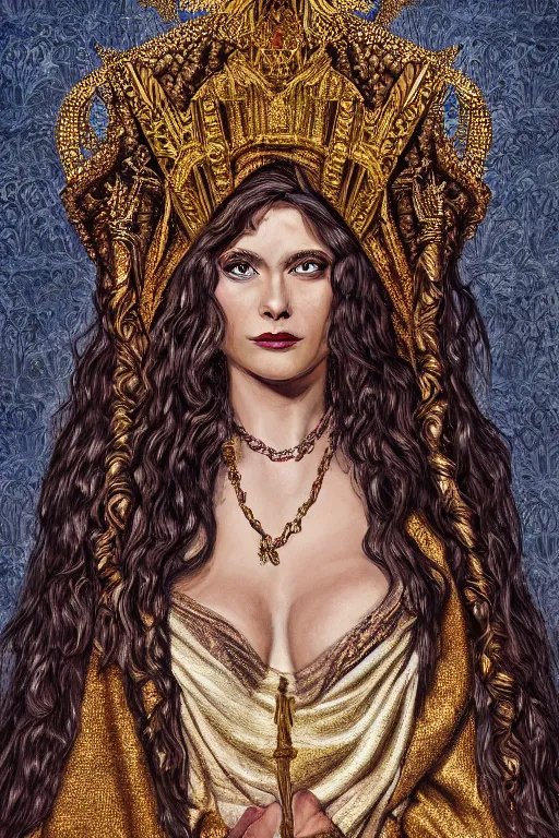 Prompt: Portrait of historically accurate, ancient biblical, sultry, sneering, evil, pagan, wicked, queen jezebel, wearing gilded robes, long hair, intricate, elegant, highly detailed, masterpiece, illustration, art by Dan Parent, highly detailed, trending on artstation, award winning