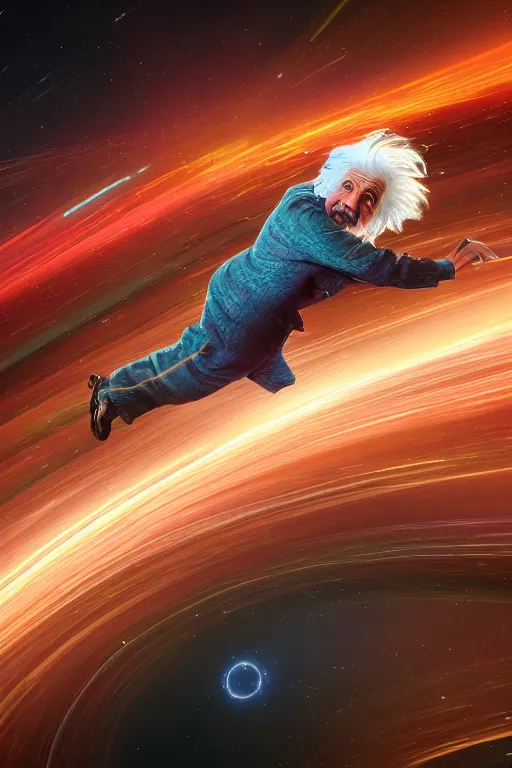 Prompt: intricate color photo of albert einstein travelling faster than light, 8 k octane beautifully detailed render