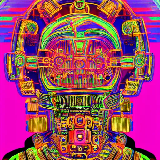 Prompt: hyperdetailed trippy portrait of a spaced out steampunk aztec futurism robot head, 8 k, symetrical, flourescent colors, halluzinogenic, meditative, multicolored vector art, black background