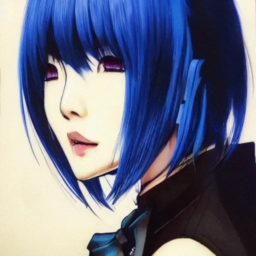 Image similar to beautiful korean woman with blue hair wearing a suit, yoji shinkawa