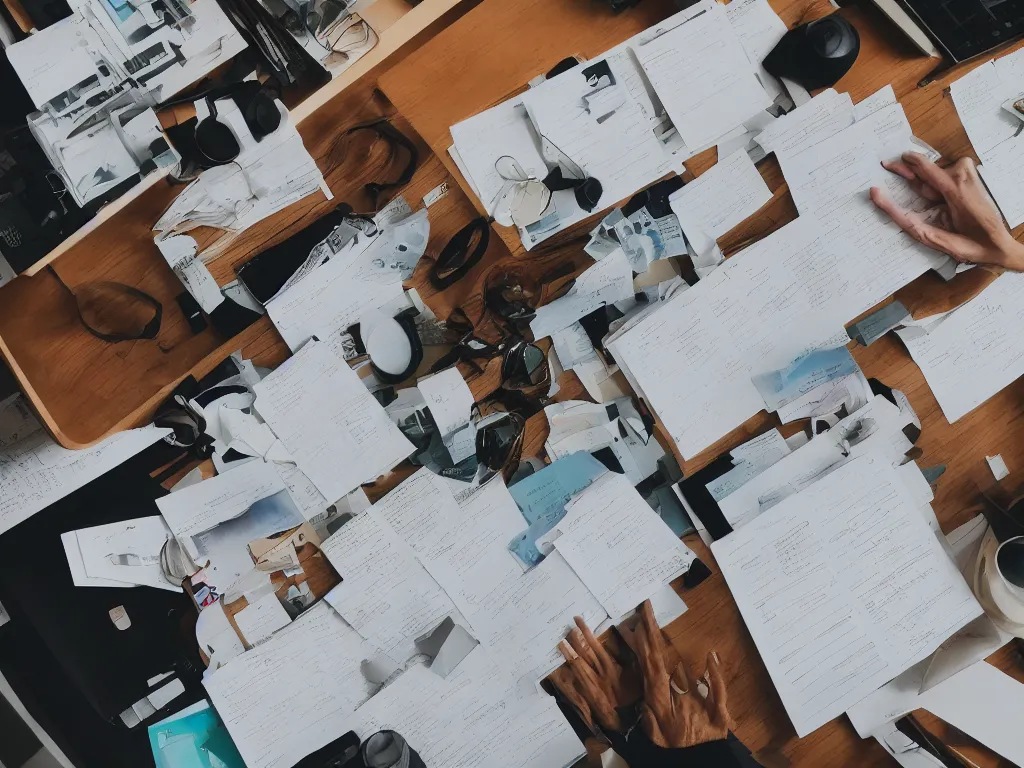 Prompt: depth of field pov candid photo of my hands reading pdfs at my floating futuristic ios hologram desk, stacks and rows of perfectly organized objects and calendar cubbies during sunrise in a cozy dappled open - air design studio, daylight vr os ux, leica 8 k still a 2 4