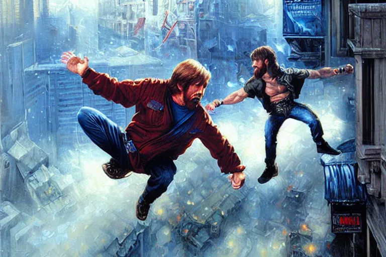 Image similar to chuck norris kicking a ninja out a window, an oil painting by ross tran and thomas kincade