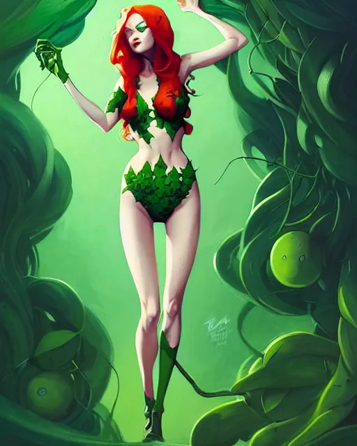 Prompt: peter mohrbacher, phil noto comicbook cover art, artgerm, emma stone poison ivy, vines, symmetrical eyes, full body, green outfit, city rooftop