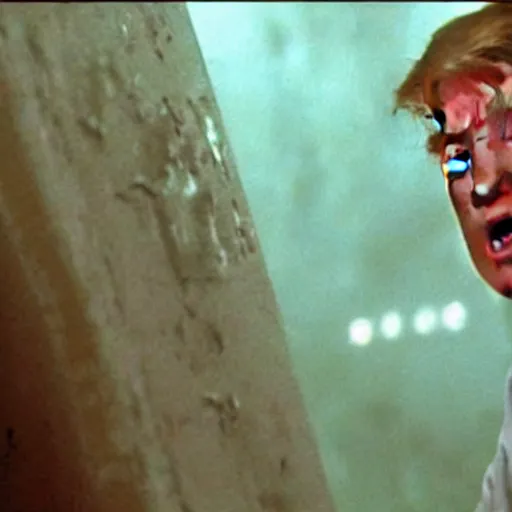 Image similar to film still of Donald Trump being held against a wall by a predator in the movie Alien.