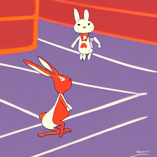 Image similar to goro fujita ilustration of a smiling happy rabbit in running clothes in an olympic stadium, painting by goro fujita, sharp focus, highly detailed, artstation