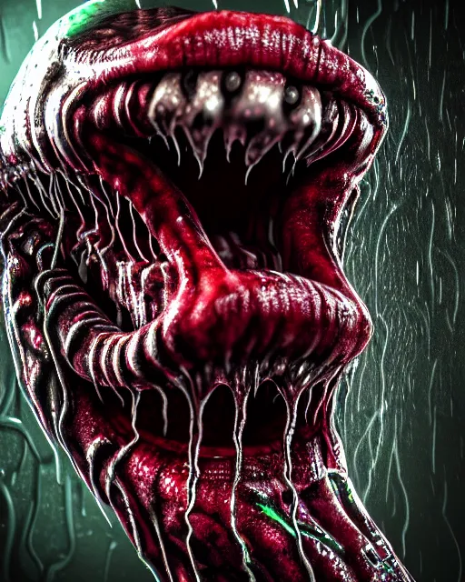 Prompt: realistic long textured tongue demon wet humanoid alien, smoke, mouth in mouth, large alien eyes, metallic reflective fangs dripping greenish acid saliva, thin red veins, intricate grey snake scales ornate skin, cinematic light shadows, reflections, crawling in a wet sewer pipe, dim flashlight lighting, insanely detailed