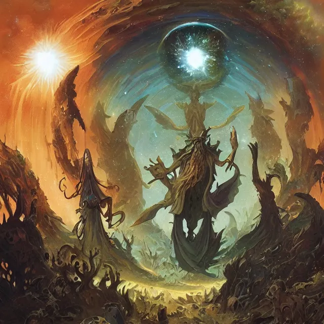 Image similar to a circle of druids conjuring the cosmos into existence by greg rutkowski and frank frazetta and peter mohrbacher and william blake and dan mumford