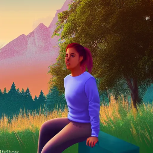 Prompt: digital drawing of a female software developer sitting outside in front of a modern campus building with beautiful mountains in the background, vapor wave, summer, alps, 4k, unreal, digital health, cartoon, unreal engine