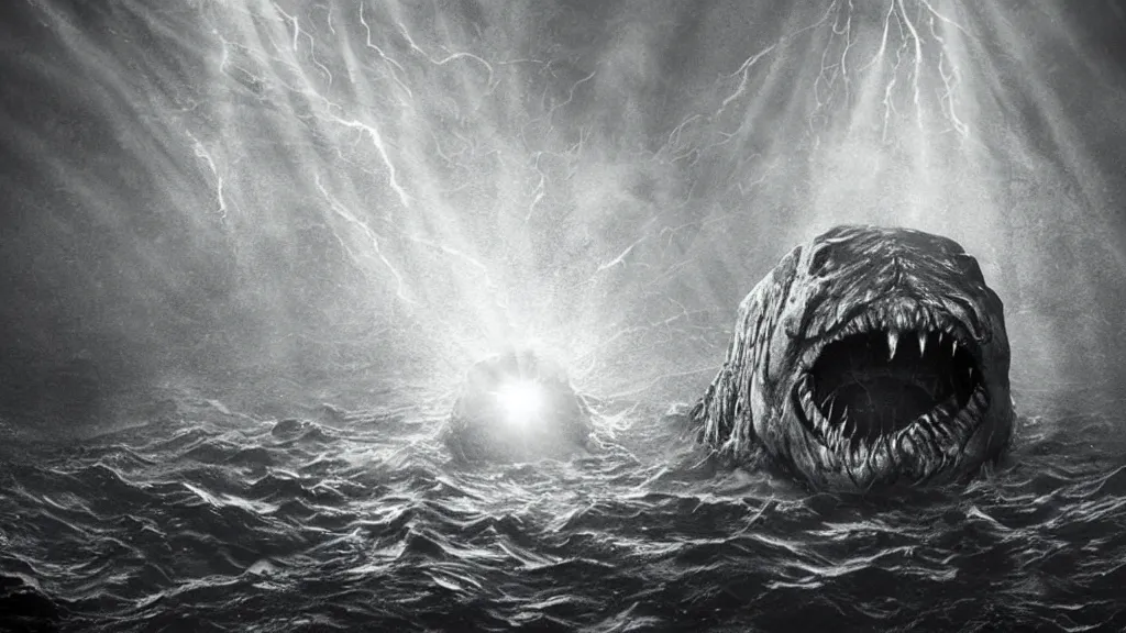 Image similar to a huge monster of the deep emerges out of the dark to attack a small submersible, horror, eerie lighting, god rays