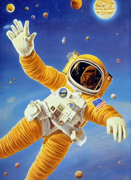 Image similar to a golden doodle astronaut, large scale painting by robert mccall and vladimir kush