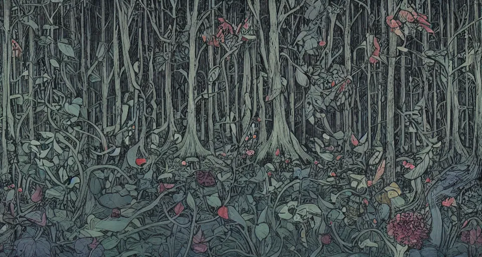 Prompt: A dense and dark enchanted forest with a swamp, by James Jean