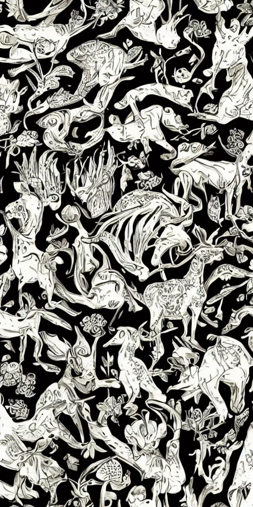 Image similar to animals and plants on a black background, wallpaper, Illustration, Anatomical Drawing, Painting