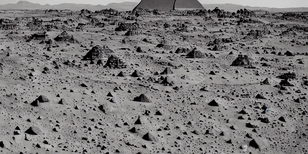 Image similar to pyramids on martian landscape, stunning architecture, wide angle lens, dramatic lighting,