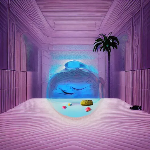 Image similar to hyperrealistic geometric objects in a surreal minimalistic 8 0's dreamscape environment by salvador dali, enormous emoji, highly detailed, 3 d render, octane, beautiful lighting, photorealistic, intricate, elegant, wayne barlowe, water, mirrors, pink doorway, beautiful, masterpiece, trending on artstation, palm tree