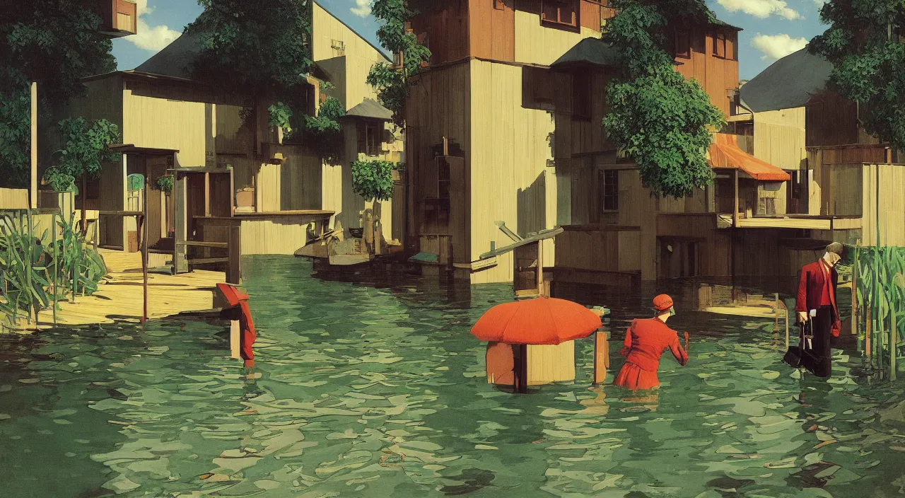 Image similar to single flooded! simple wooden entrance, very coherent and colorful high contrast!! masterpiece by rene magritte simon stalenhag carl spitzweg syd mead norman rockwell edward hopper james gilleard, water, minimalist, dark shadows, sunny day, hard lighting