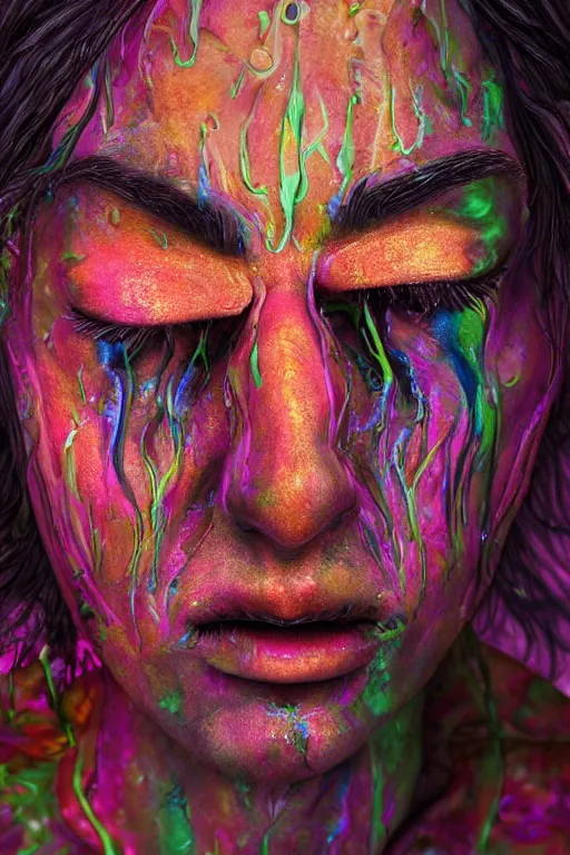 Image similar to psychedelic melting wax face, close up shot, diffuse lighting, intricate, elegant, highly detailed portrait, lifelike, photorealistic, digital painting, smooth, sharp focus