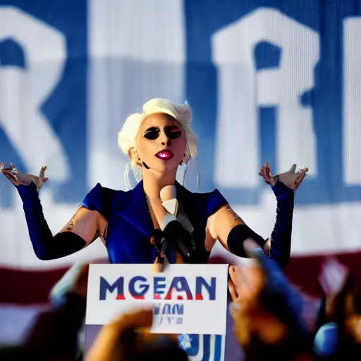 Image similar to Lady Gaga as president, Argentina presidential rally, Argentine flags behind, bokeh, giving a speech, detailed face, Argentina