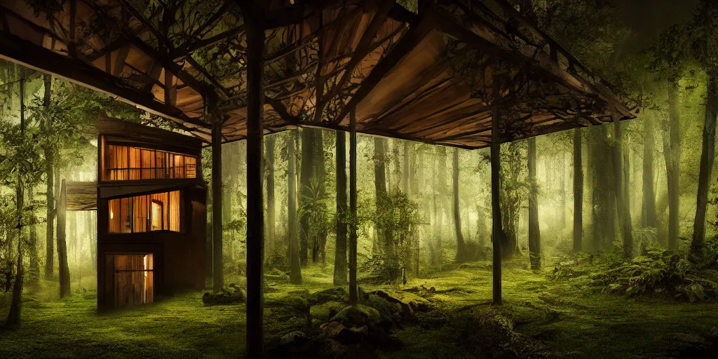 Image similar to an exquisite wooden house in a lush forest, architectural photography, dark and dim lighting, beautiful, tranquil, moody, cinematic, fantasy, 3 5 mm lens, volumetric lighting, first person view, photographic render, hyper realistic