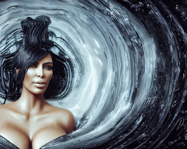 Image similar to epic full shot still of kim kardashian unconscious wearing a black lace dress in a transparent alien liquid, wet flowing hair, gooey skin, illustration, unreal engine 5, 8 k, made by h. r. giger.