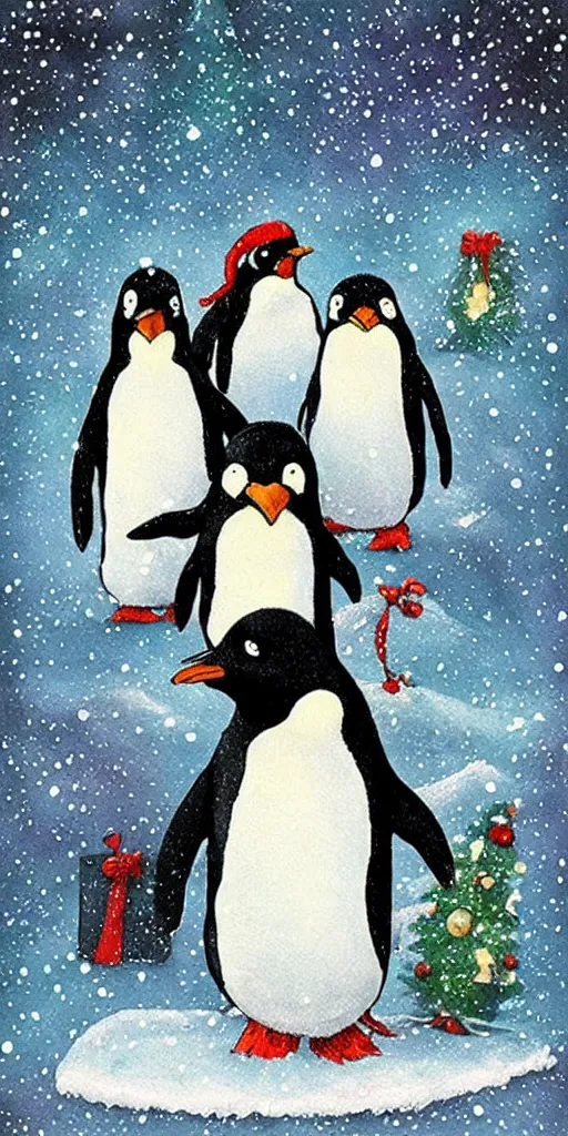 Image similar to a christmas penguins scene by alexander jansson