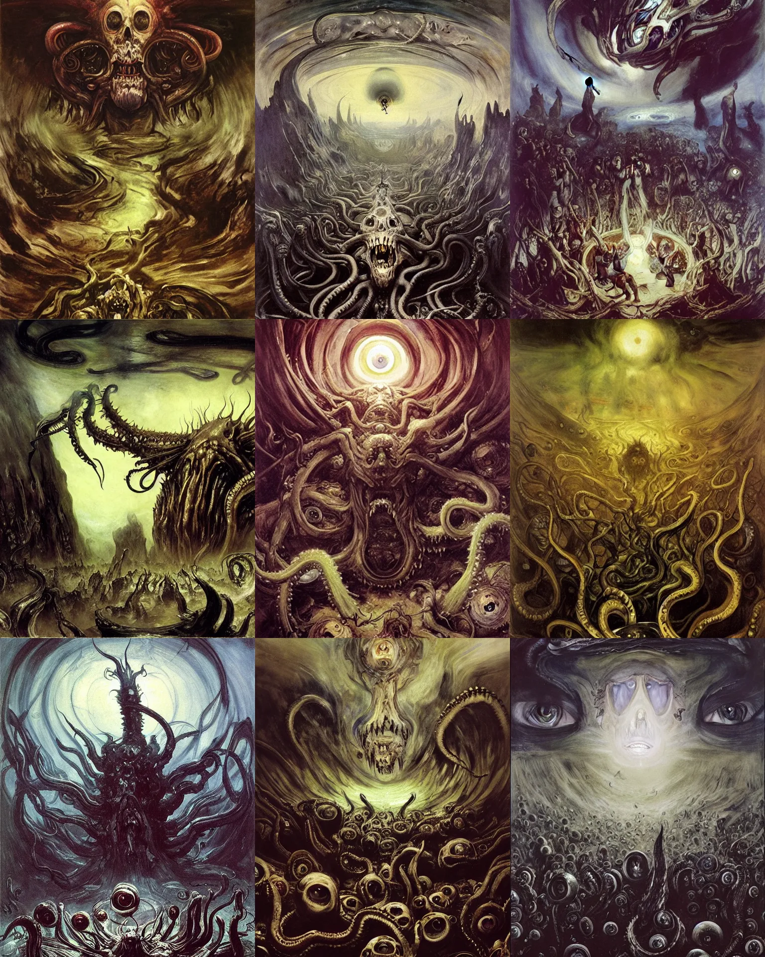 Prompt: ritual of otherworldly massive cthulu god arising a grim obsidian landscape made of giant eyeballs, painting by eugene delacroix, donato giancola, edvard munch john berkey, gustave dore, thomas moran, hieronymus bosch, hp lovecraft, paranoid vibe, terror giant infinite eyes horror spider eyes tentacles maggots feeling of madness and insanity