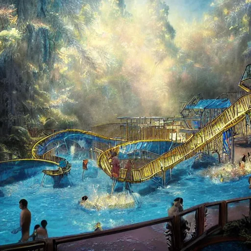 Prompt: waterpark in purgatory, the world of spirits, waterslides and lazy rivers, painting by brain froud, charles vess, cinematic lighting, epic composition, highly detailed