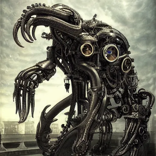 Image similar to mechanical cthulhu, cyborg, hyperealistic detailed photography, divinity, awful, religious art, cyberpunk, by h. r. giger