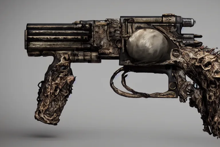 Image similar to a bionical revolver made from the rotten flesh and bones, perfect studio light, hypnotic, mind - bending, incomprehensible, 8 k, 3 0 mm lens, epic studio shot, ultra detailed, object photoshooting, octane render