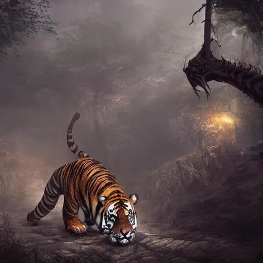 Image similar to a dragon and a tiger hybrid in the forest, dynamic lighting, photorealistic concept art, stunning visuals, creative, cinematic, ultra detailed, best detail