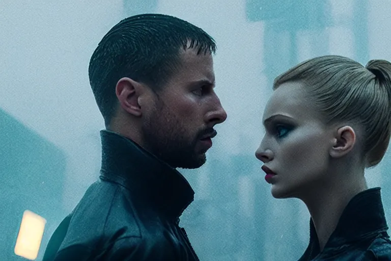 Image similar to film still of closeup beautiful russian models couple in blade runner 2 0 4 9, cinematic, moody, gritty neon noir by emmanuel lubezki