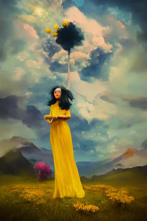 Image similar to closeup girl with huge yellow dahlia flower face, intricate, standing on mountain, surreal photography, blue storm clouds, dramatic light, impressionist painting, digital painting, artstation, simon stalenhag