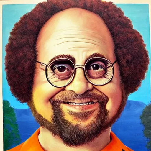 Prompt: danny DeVito dressed as a bob ross 1970s street artist, realism, detailed